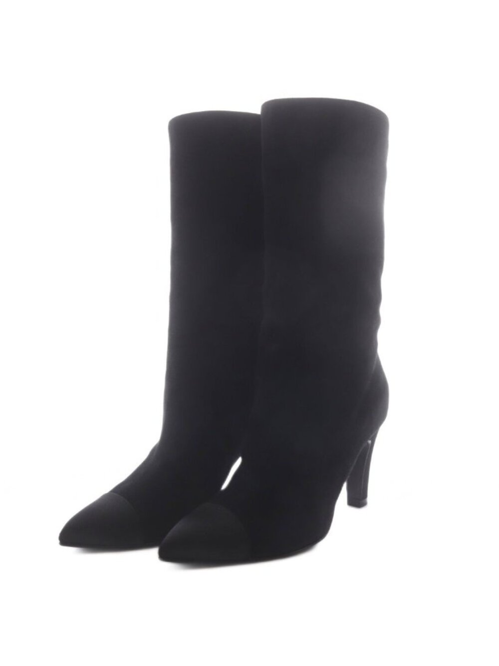 Chanel Boots Middle High Heels Pointed Toe CC Logo Suede 36c Black